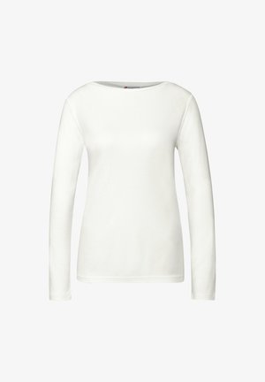 Weißes Langarmoberteil mit rundem Halsausschnitt, aus einem weichen, glatten Stoff gefertigt. Verfügt über ein einfaches Design ohne Muster oder Akzente.