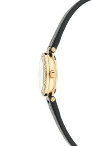 Gold-tone watch with a textured black leather strap, oval case, clear glass face, and decorative detailing around the bezel.