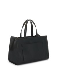 Sac fourre-tout en cuir noir avec deux longues poignées, de forme rectangulaire, poche avant et texture lisse. Design minimaliste sans quincaillerie visible.