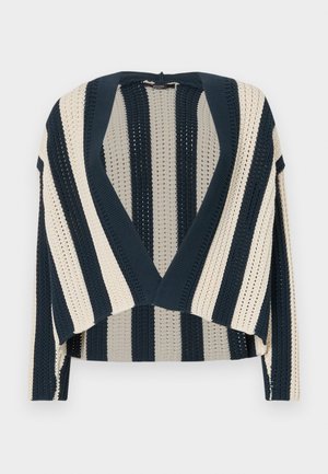 Cardigan en tricot avec des rayures verticales bleu marine et crème, design à ouverture devant, longueur courte et motif de point texturé.