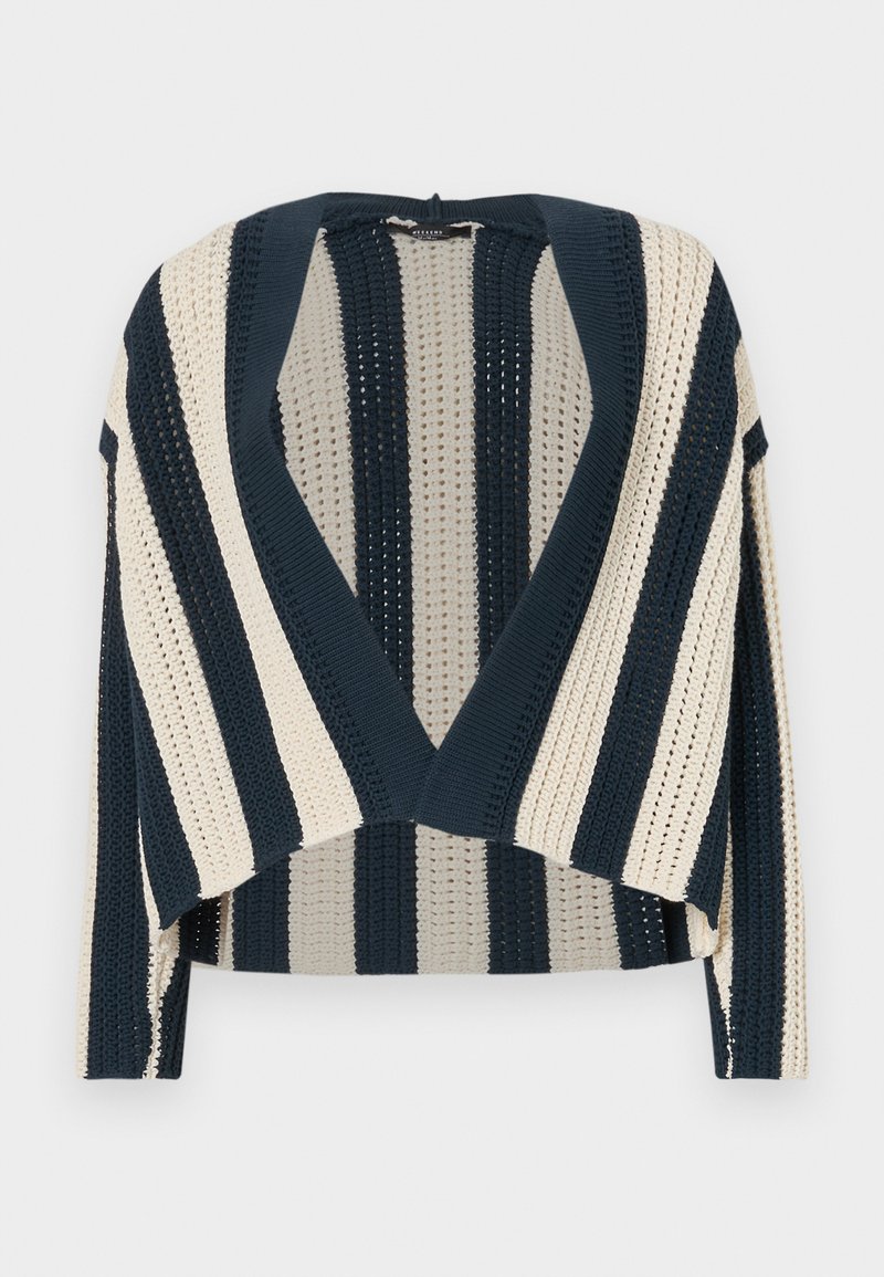 Cárdigan de punto con rayas verticales en azul marino y crema, diseño de frente abierto, longitud corta y patrón de punto texturizado.