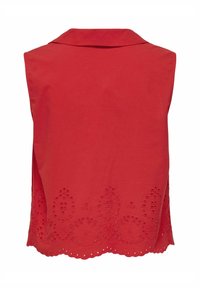 Maglietta rossa senza maniche con colletto, decorata con ricami a occhio lungo l'orlo e realizzata in cotone morbido.