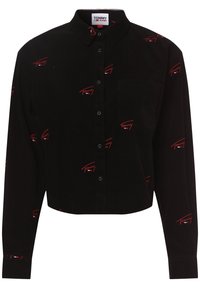 Svart kornettknäppen skjorta med röda broderade "Tommy" logodetaljer, enkel bröstficka och långa ärmar. Kortad design.