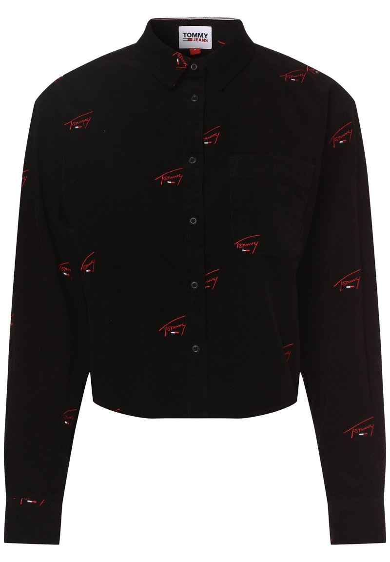 Svart kornettknäppen skjorta med röda broderade "Tommy" logodetaljer, enkel bröstficka och långa ärmar. Kortad design.