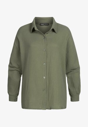 Olive spalvos mygtukų užsegimas marškiniai, pagaminti iš tekstūruoto audinio, su laisvu siluetu, smailiu apykakle ir ilgomis rankovėmis su mygtukais.