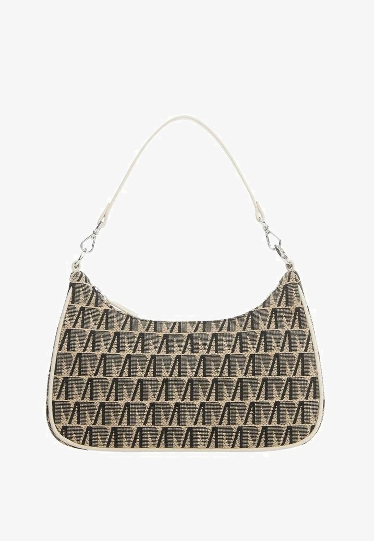 Petit sac à épaule avec un motif tissé beige et noir comportant des formes stylisées "A" répétées et une bandoulière blanche amovible.