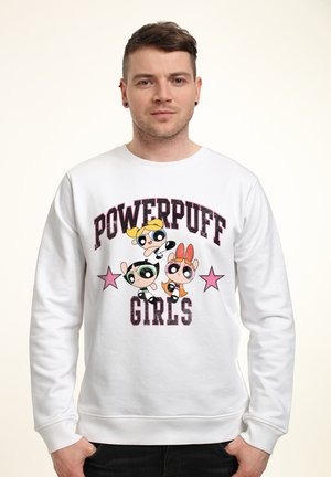 Hvid bomulds sweatshirts med "Powerpuff Girls" grafik, tre karakterer og pink stjerner. Ribbet manchetter og halsudskæring; afslappet pasform.