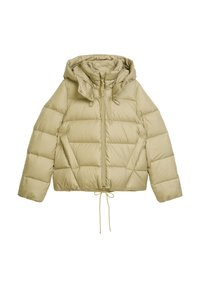 Puffy verkürzte Jacke in hellbeige. Mit einem Reißverschluss, Zugbandsaum und großer Kapuze mit verstellbaren Bändern. Glatte Textur und gesteppter Design.