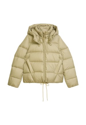 Puffy verkürzte Jacke in hellbeige. Mit einem Reißverschluss, Zugbandsaum und großer Kapuze mit verstellbaren Bändern. Glatte Textur und gesteppter Design.