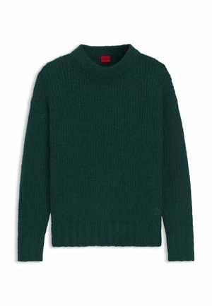 Groene gebreide trui met een hoge hals, geribbelde textuur, lange mouwen en een logodetail aan de onderlinkerkant. Gemaakt van zachte stof.