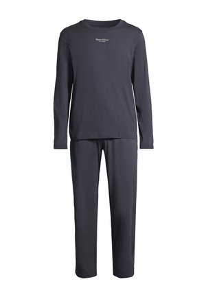 Dunkelgraues Langarm-Pyjama-Set aus weichem Baumwollstoff. Das Oberteil hat einen runden Ausschnitt und ein dezentes Markenlogo, kombiniert mit passgenauen, lockeren Hosen.