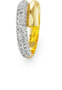 Gold ring with a curved design, featuring a row of clear stones on one side and a smooth, polished surface on the other.