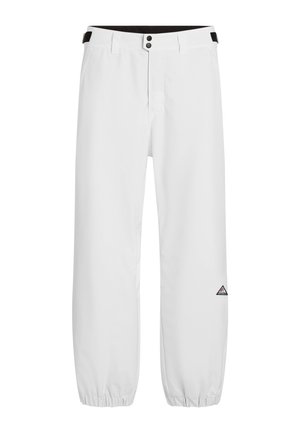 White pants with a fitted waist, two metallic buttons, and elastic cuffs. Features a triangle logo on the left leg. Smooth fabric texture.