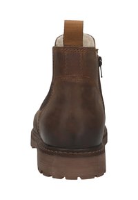 Brauner Leder-Ankle-Boot mit einer Zuglasche, sichtbarem Reißverschluss an der Seite und dickem profiliertem Sohle, von hinten betrachtet.