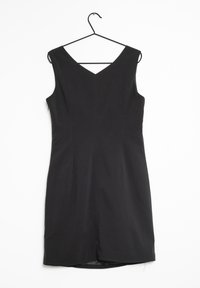  vestido negro sin mangas con cuello en V, diseño ajustado y textura suave; cuenta con un dobladillo por encima de la rodilla y cierre de cremallera en la parte posterior.