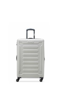 Zilveren harde koffer met uitschuifbare zwarte handgreep en vier zwarte draaiwielen, gestempeld met het Jeep-logo aan de voorkant en op de handgreep.