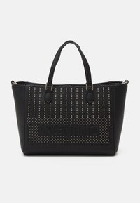 Black leather tote bag with gold-tone studs and VALENTINO logo. Features two sturdy handles and structured shape. Smooth texture.