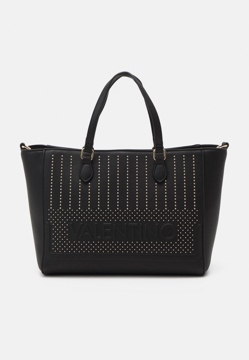 Black leather tote bag with gold-tone studs and VALENTINO logo. Features two sturdy handles and structured shape. Smooth texture.