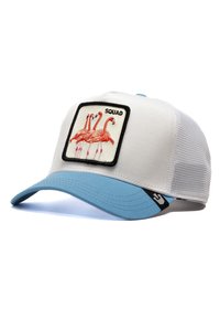 White cap with a blue bill and mesh back. Features an embroidered patch of three pink flamingos and the word "SQUAD" in black.