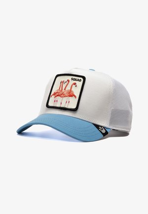Weißer Hut mit blauer Schirm und Netzrücken. Verfügt über ein gesticktes Patch mit drei pinken Flamingos und dem Wort "SQUAD" in Schwarz.