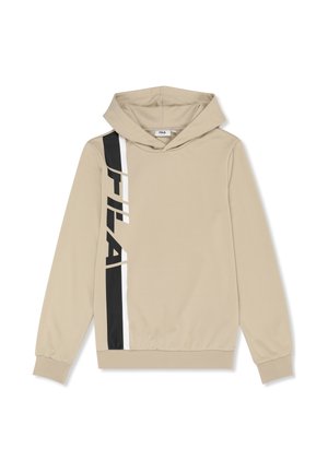 Beige Kapuzenpullover mit langen Ärmeln, einer vorderen Kängurutasche und einem vertikalen schwarz-weißen Streifen mit dem FILA-Logo auf der linken Seite.