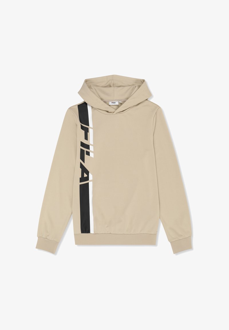 Sudadera con capucha beige de manga larga, con un bolsillo frontal tipo canguro y una franja vertical en blanco y negro con el logo de FILA en el lado izquierdo.