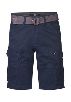 Navy cargo shorts made of cotton, featuring a fabric belt, multiple pockets, and a straight cut design. Smooth texture with flat seams.