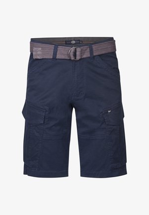 Navy cargo shorts made of cotton, featuring a fabric belt, multiple pockets, and a straight cut design. Smooth texture with flat seams.