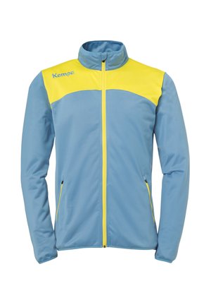 Blazer in Blau mit gelben Akzenten, Reißverschluss vorne, hohem Kragen, langen Ärmeln und Seitentaschen, hergestellt aus leichtem, glattem Stoff.