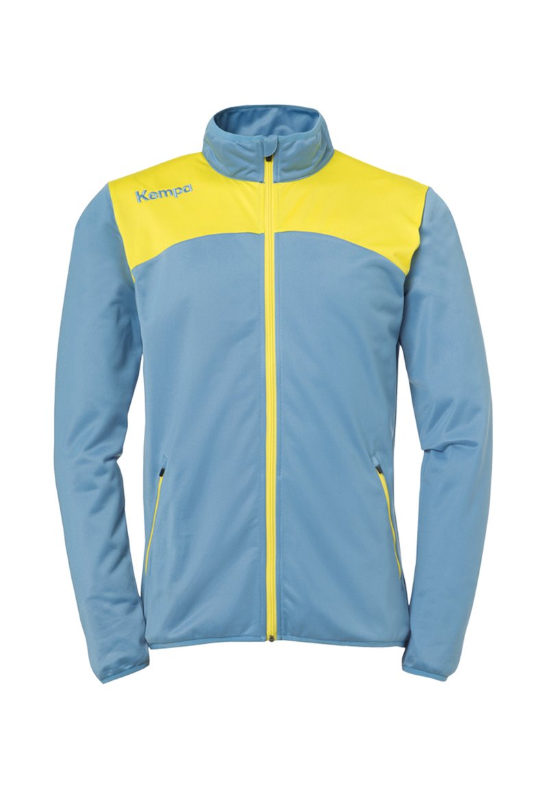 Blauwe sportjacket met gele accenten, ritssluiting aan de voorkant, hoge kraag, lange mouwen en zijzakken, gemaakt van lichtgewicht, gladde stof.