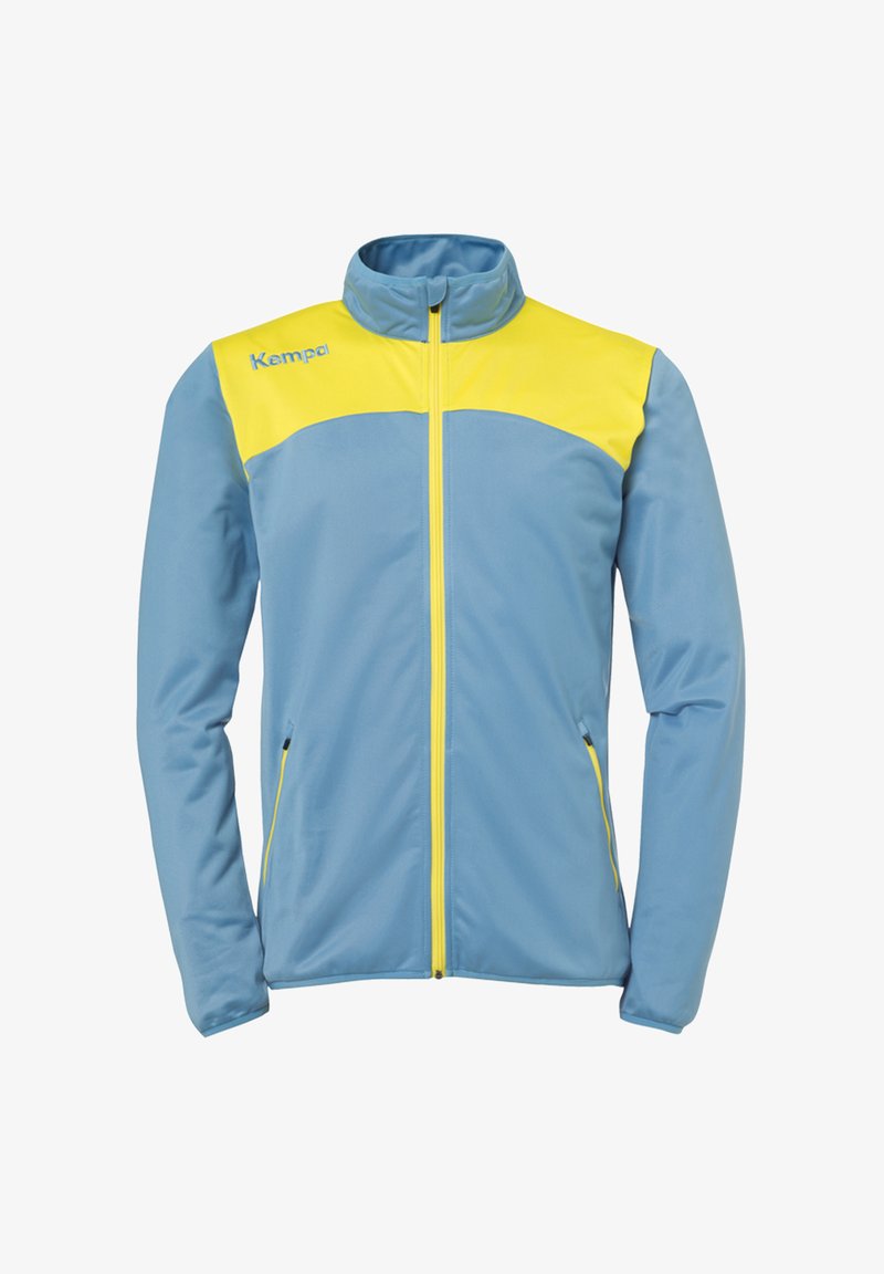 Blauwe sportjacket met gele accenten, ritssluiting aan de voorkant, hoge kraag, lange mouwen en zijzakken, gemaakt van lichtgewicht, gladde stof.