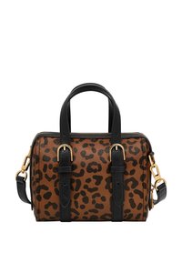 Sac à main à imprimé léopard marron avec des accents noirs, doté de deux poignées et d'une sangle amovible. La quincaillerie dorée ajoute une touche élégante.