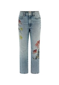 Vaqueros de mezclilla azul claro con un corte recto, con acentos de estampado floral en rojo, amarillo y verde en los costados. Diseño clásico de cinco bolsillos.