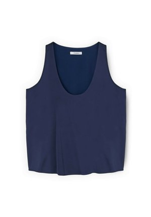 Marineblauwe mouwloze tanktop met een ronde hals en een klein label aan de binnenkant van de achterkraag.