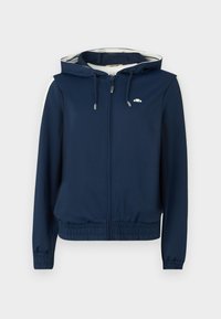 Veste à capuche bleu marine avec fermeture éclair à l'avant, taille élastique, rayures latérales et capuche avec cordon de serrage réglable. Tissu lisse, sans motifs.