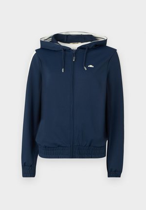 Casaco de capuz azul-marinho com fecho zip, cintura elástica, riscas laterais e capuz ajustável com cordão. Tecido suave, sem padrões.