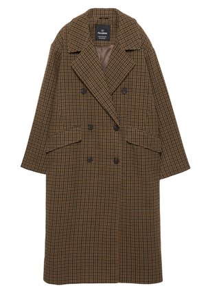 Bruin en zwart geblokt patroon jasje, dubbelzijdig ontwerp, grote revers, twee voorzakken en knopen met een soepel binnenvoering.