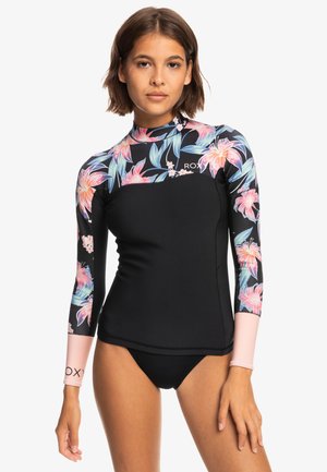 Schwarze Langarm-Neoprenanzug mit Blumenmuster auf den Schultern und Ärmeln. Mit Roxy-Logo auf der Brust, aus dehnbarem Material gefertigt.