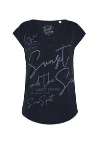 Navy blue, short-sleeve t-shirt with a round neckline. Features text in varying fonts, including "Sunset Sailing" and "adventures." Soft fabric.