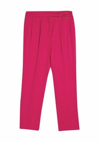 Vrouwen fuchsia broek met hoge taille, rechte pijpen, plooien en knoopsluiting op de tailleband.