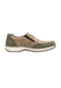 Brown and green slip-on shoe with suede and leather materials, featuring elastic side panels, a rounded toe, and a white rubber sole.