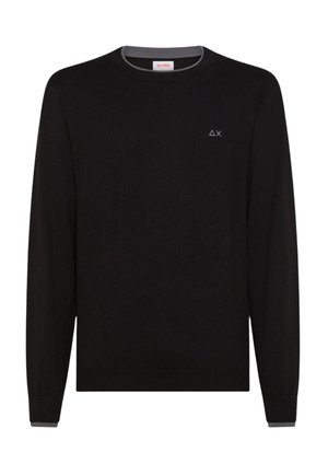 Schwarzer Pullover mit langen Ärmeln und Rundhalsausschnitt, mit kleinem weißen geometrischen Logo auf der linken Brust und grauen Verzierungen am Halsausschnitt und den Bündchen.