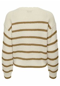 Pull en tricot crème à rayures horizontales marron, épaules tombantes et ourlet côtelé. Tissu texturé avec une coupe ample et un large décolleté.