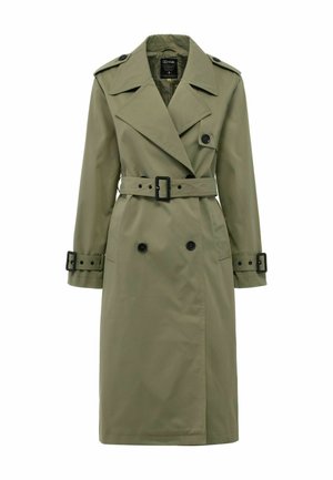 Olivkowy płaszcz trench z podwójnym zapięciem z przodu, dużymi klapami, paskiem w talii i regulowanymi mankietami, z czarnymi guzikami i akcentami.