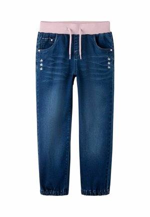 Pantalon de jogging en denim pour enfants avec ceinture élastique rose, cordon de serrage, poches avant ornées de petites broderies florales, et poignets élastiques.