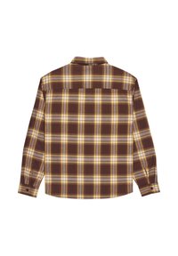 Camicia in flanella marrone con motivo a quadri giallo e grigio. Caratterizzata da maniche lunghe, colletto e una spallina sul retro per una maggiore struttura.