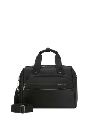 Black travel bag made of durable fabric, featuring two sturdy handles, a detachable shoulder strap, and a front zip pocket.