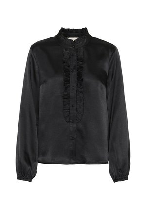 Blusa nera di satin con maniche lunghe, caratterizzata da un alto colletto arricciato e una chiusura con bottoni frontale. Tessuto strutturato con maniche a sbuffo.