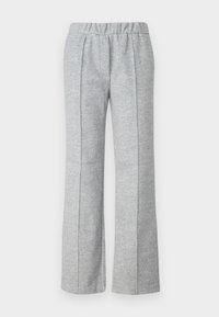 Gray, wide-leg trousers made of textured fabric; features an elastic waistband and pleated front details. Clean, minimal design.