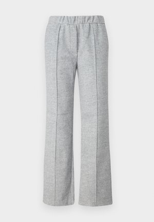 Šedé široké kalhoty vyrobené z texturované tkaniny; mají elastický pas a plisované detaily v přední části. Čistý, minimalistický design.